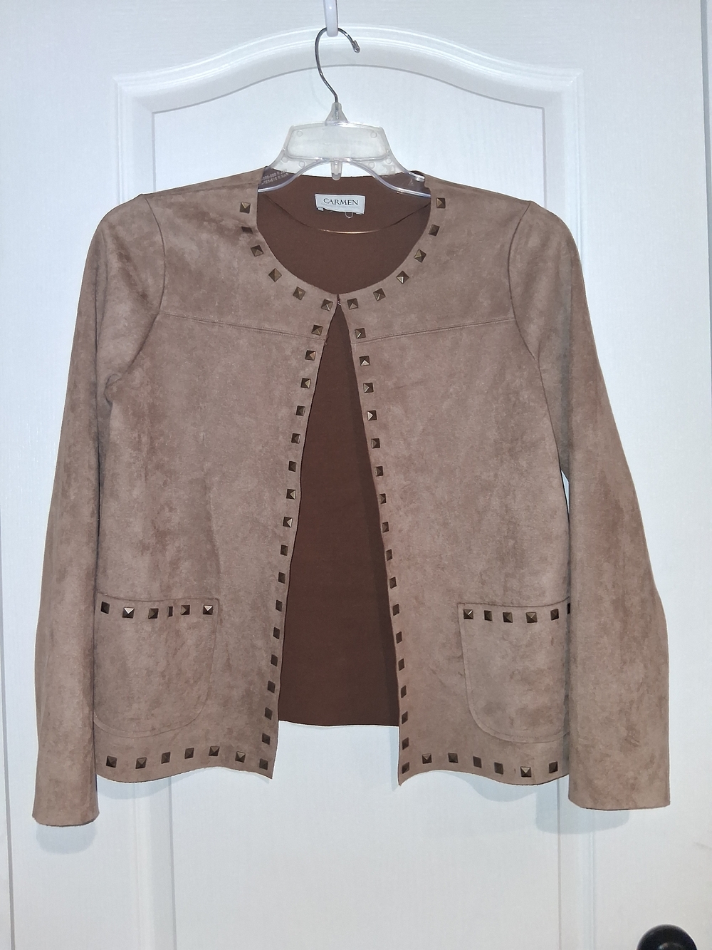 Carmen Marc Valvo Taupe Stud-Trim Open Front Jacket